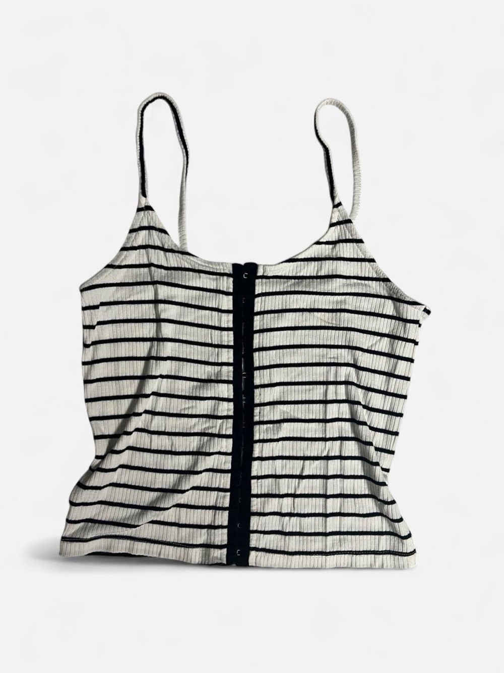 aerie White and Black Striped Hook-Front Ribbed Cami